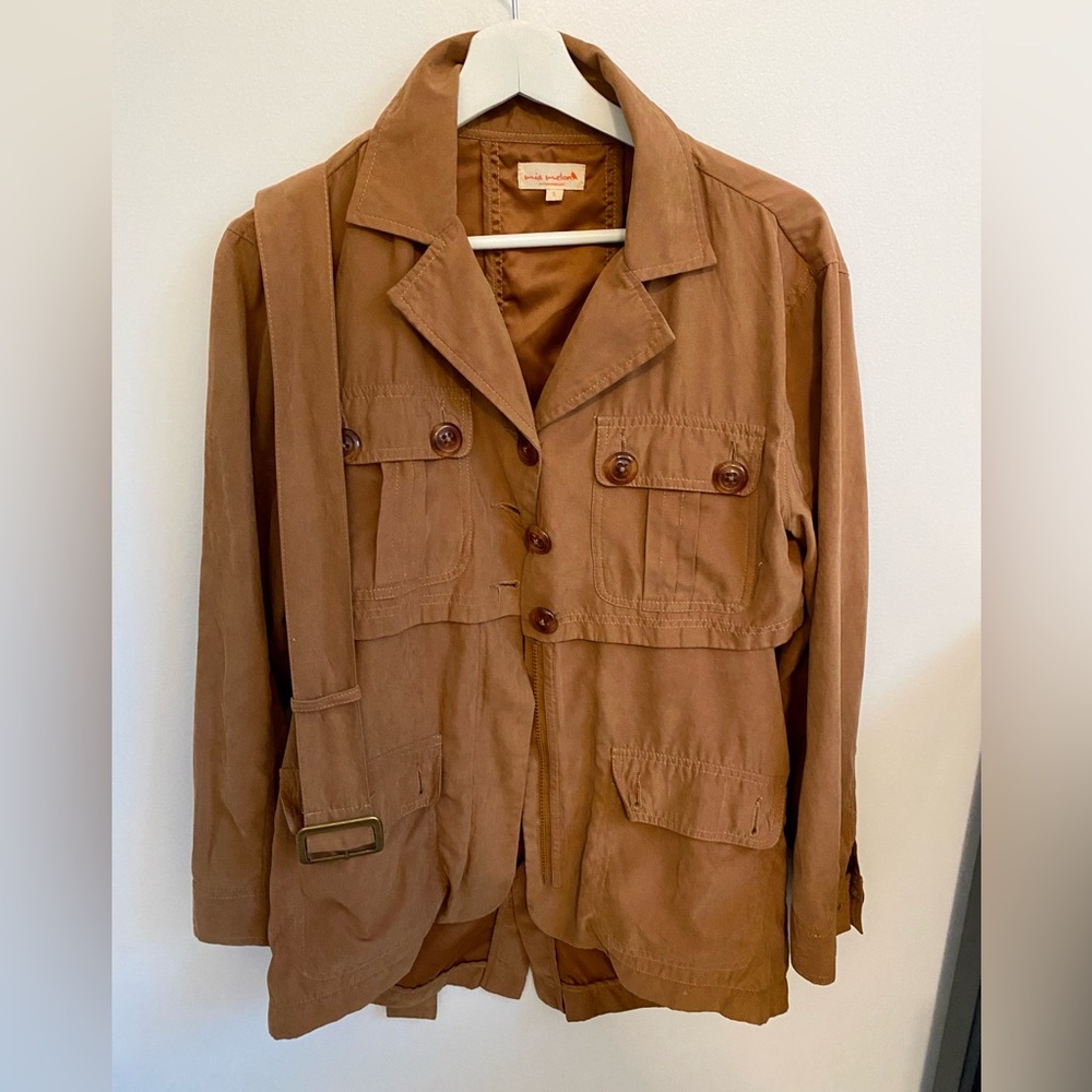 Women stylish brown neutral jacket pockets and belt
